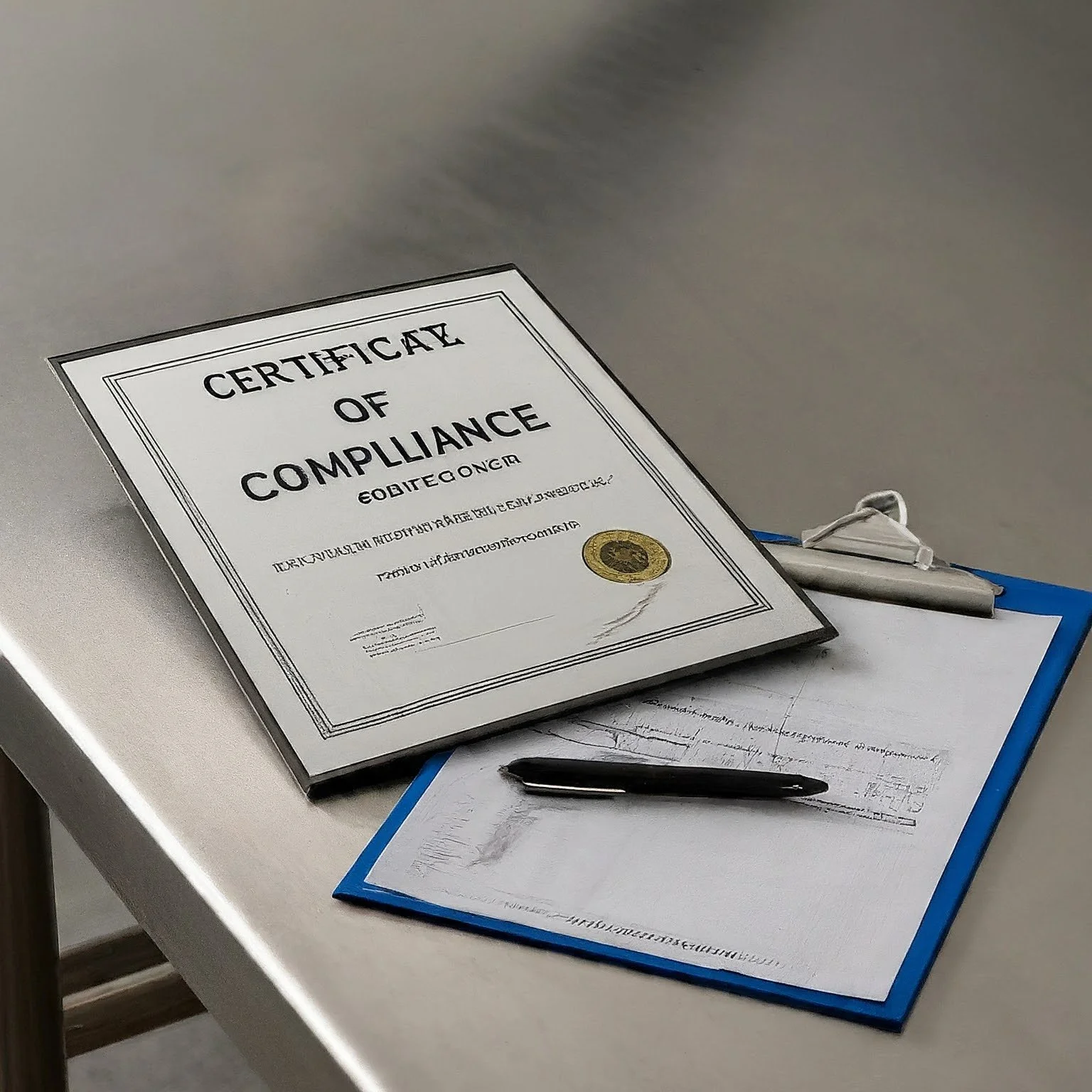 Certificate of compliance on a desk with a pen, papers, and a clipboard.