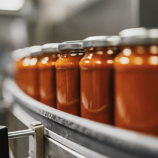 Multiple jars filled with a brownish-orange substance on a conveyor belt in a production line.