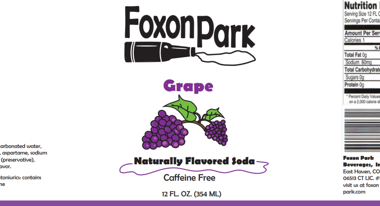 A label for Foxon Park Grape Naturally Flavored Soda, caffeine free, 12 fluid ounces, featuring a black and white cartoon of a soda bottle and a bunch of purple grapes with green leaves.