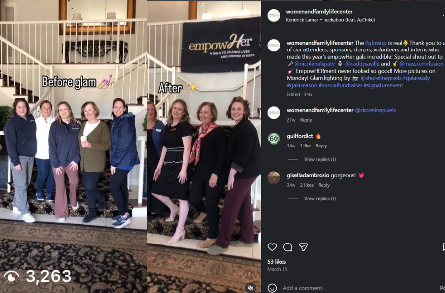 Side-by-side photos showing women before and after a glamorous makeover at an event, with a banner reading 'empowHer' in the background.