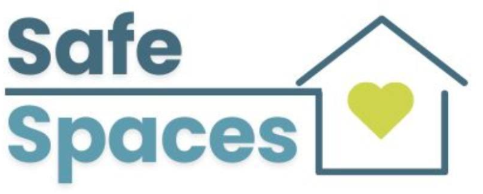Logo with the words 'Safe Spaces' in bold blue letters and a simple house outline with a green heart inside.