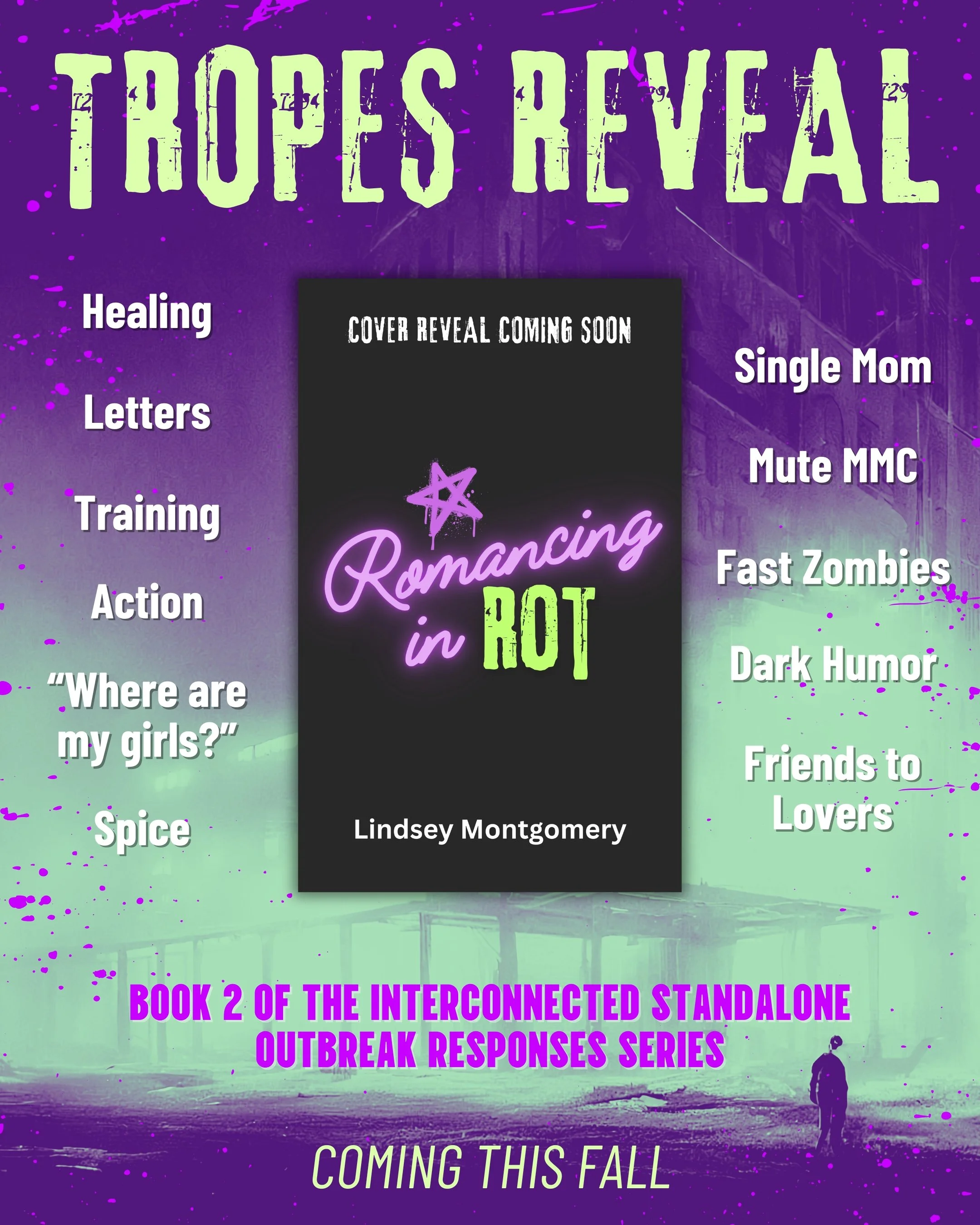 Romancing in Rot (Cover reveal coming soon) with list of tropes: healing, love letters, training, action, "Where are my girls?", spice, single mom, mute MMC, fast zombies, dark humor, friends to lovers. Coming this fall. 