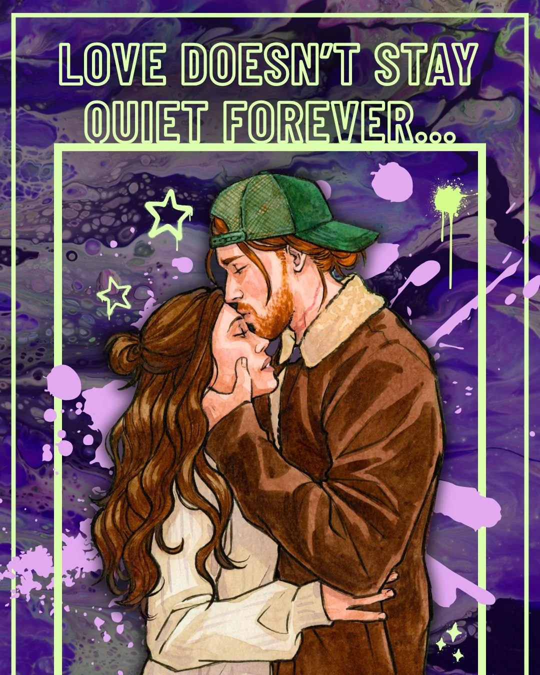 Leon kissing Clair's forhead character artwork with the tagline, Love Doesn't Stay Quiet Forever, above them