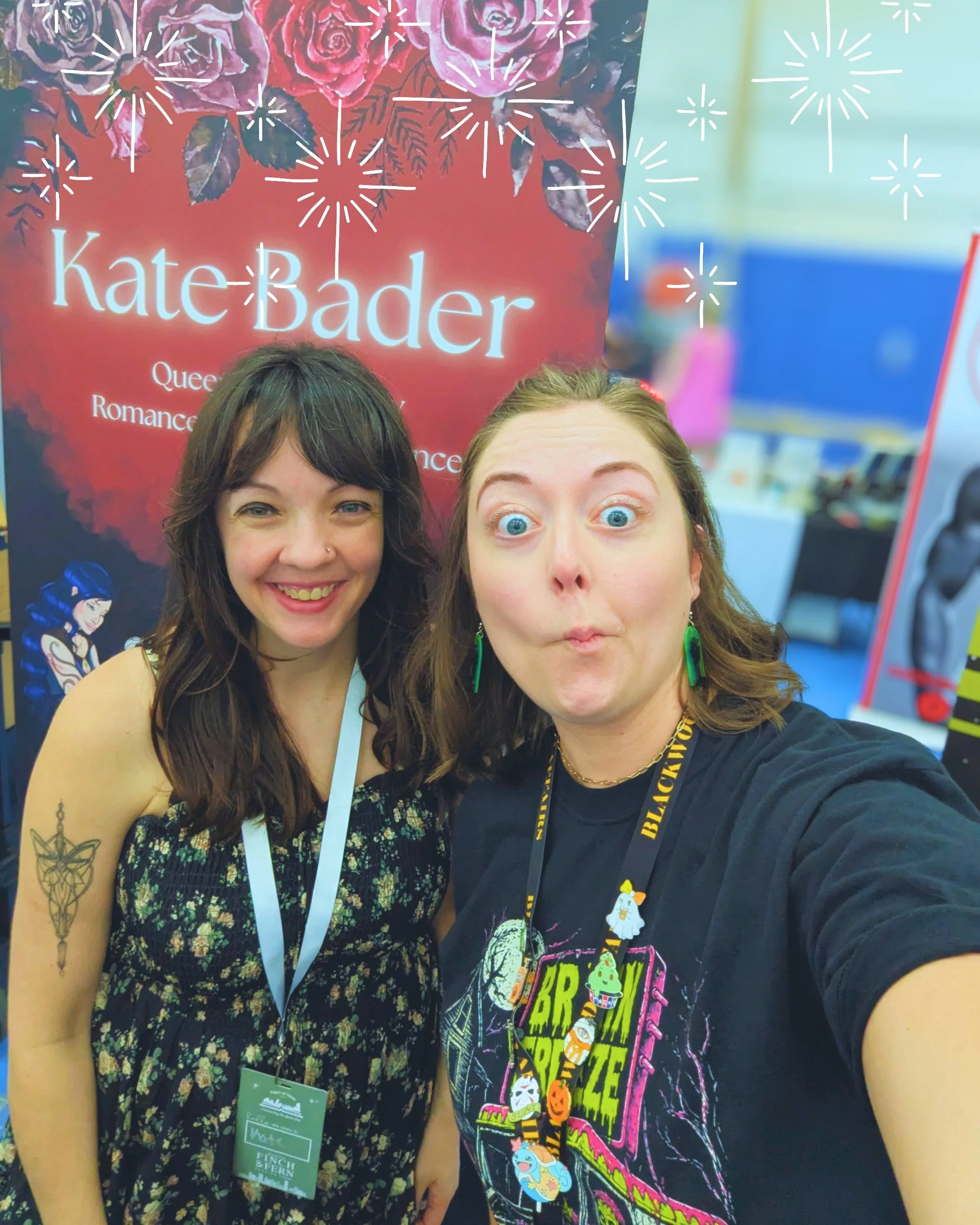 Picture of Lindsey Montgomery and author, Kate Bader, at Pages of Glass doing a funny face