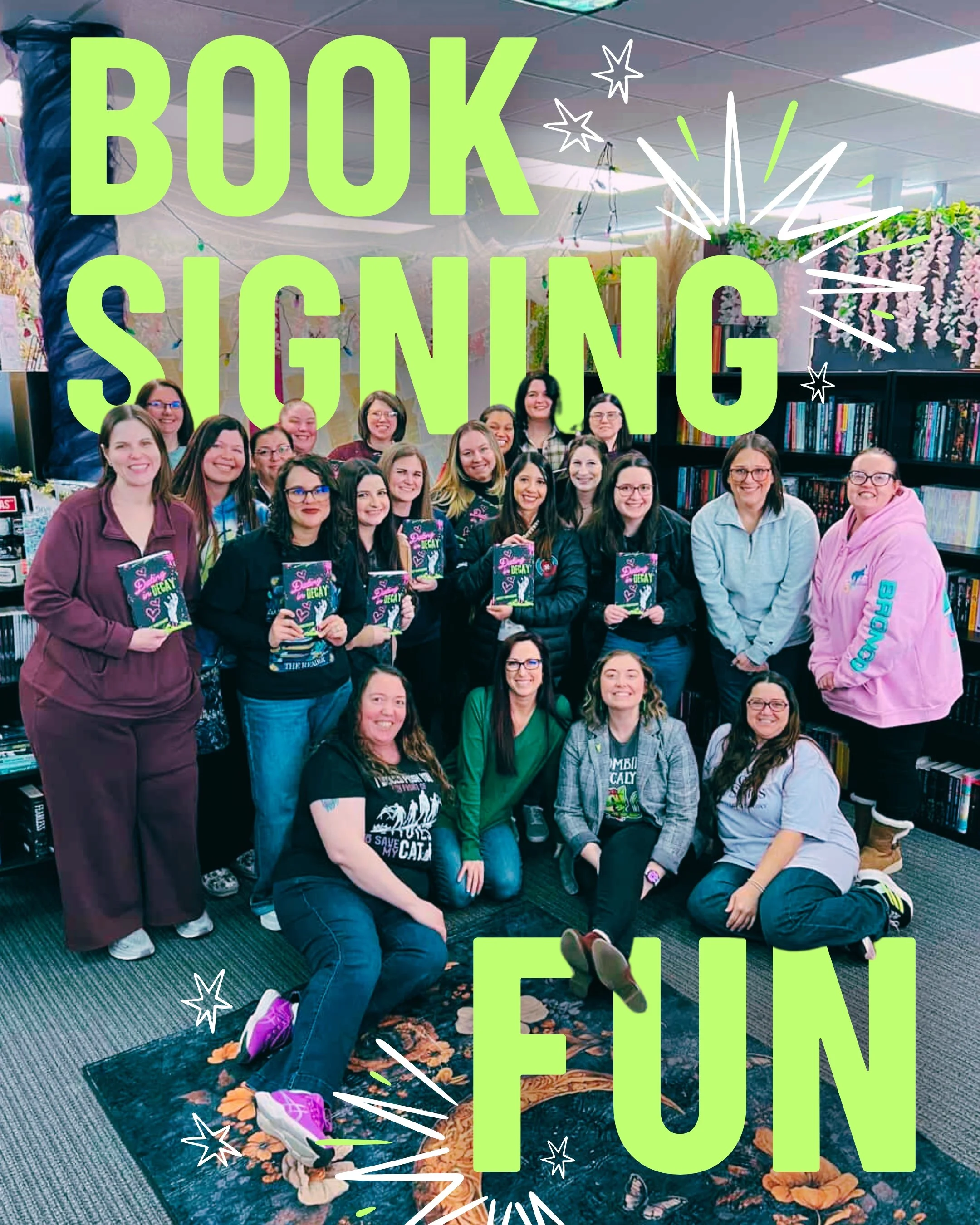 Picture of author with reading book club at Love Stories OKC smiling at the camera holding copies of Dating in Decay