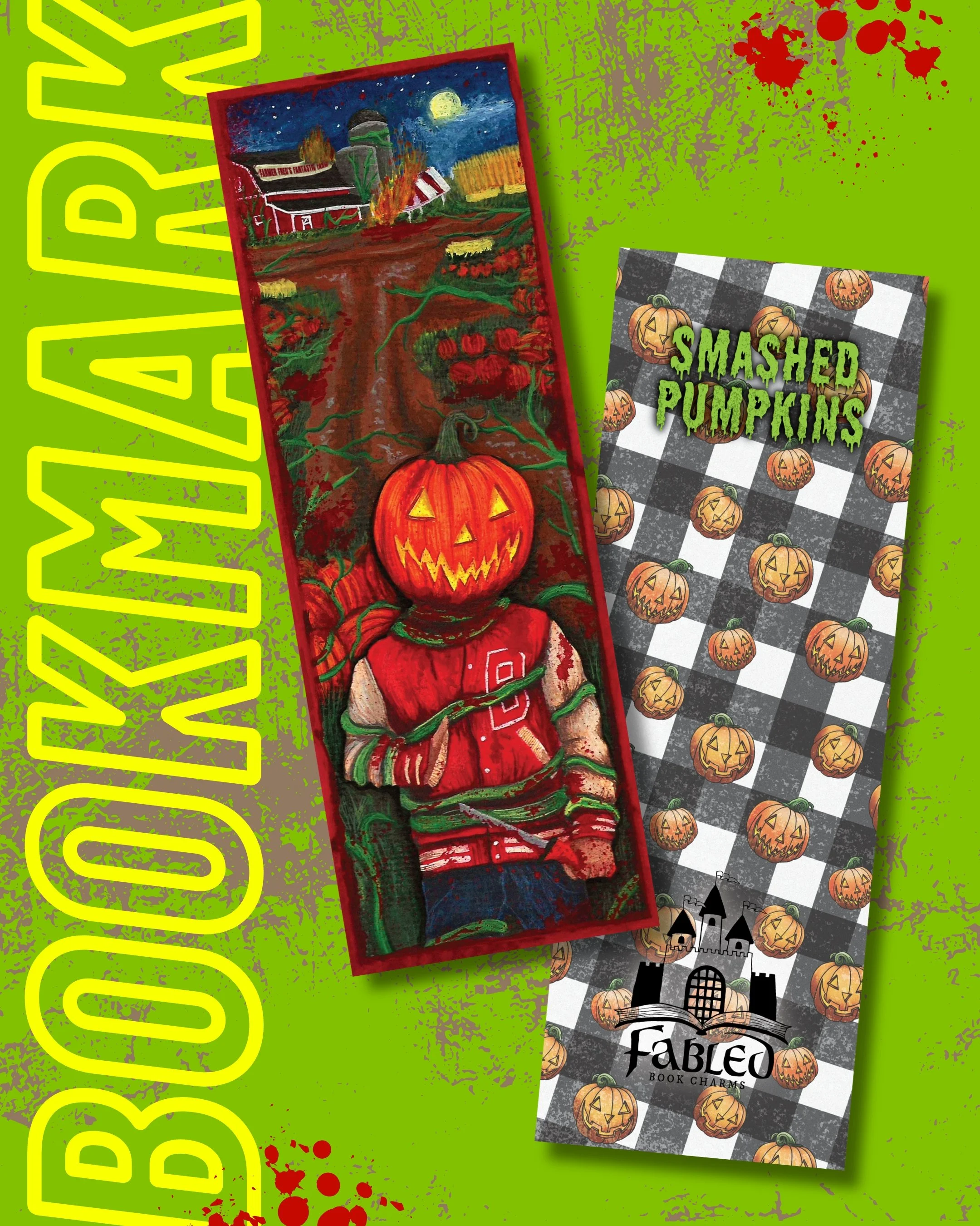 Bookmark design created by Fabled Book Charms. Depicts a pumpkin headed person with the farm in the background with vines and fire. 
