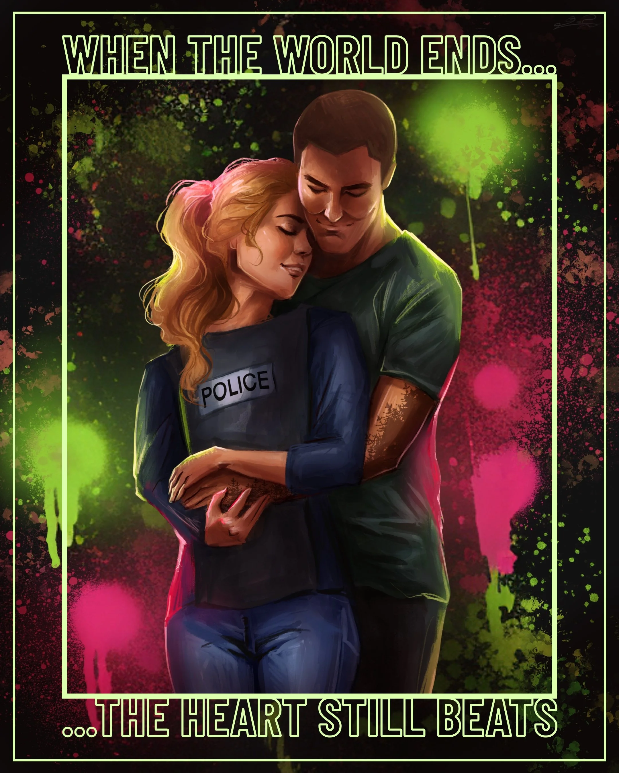 Artowrk of Jacob holding Lyla. They are surrounded by bright green and pink spray paint blobs and streaks