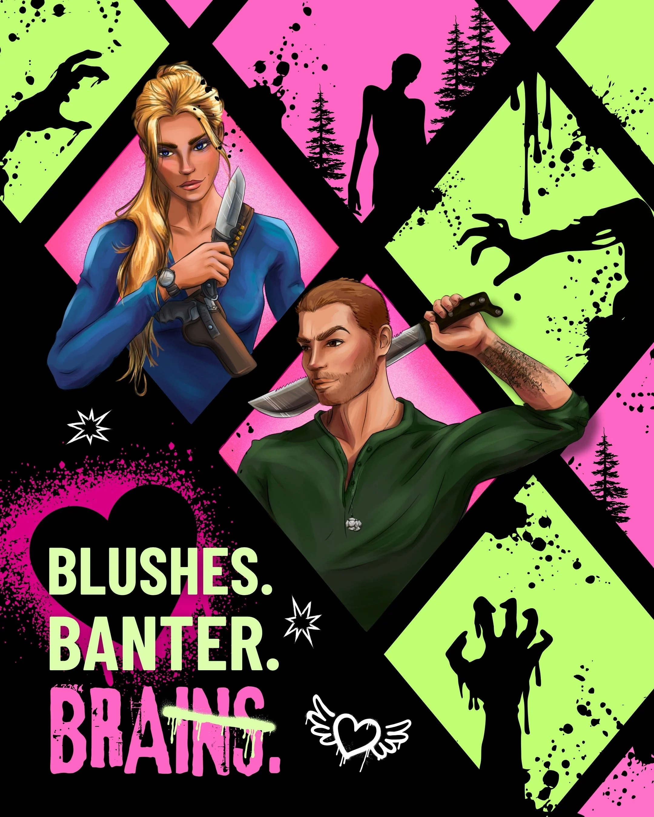 Portraits of Lyla and Jacob surround by various images of zombie hands, blood splatter, and the words blushes, banter, brains. 