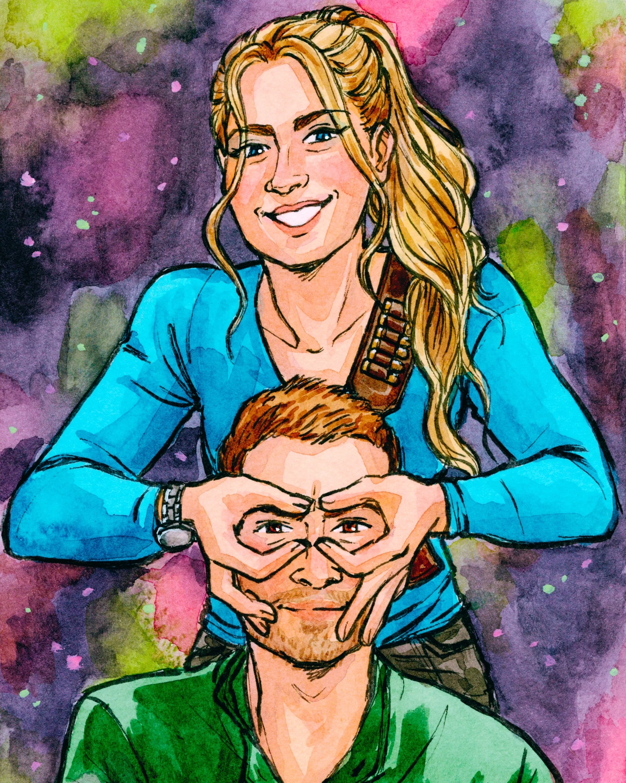 Watercolor picture of Lyla and Jacob. Lyla is forming a mask with her fingers over Jacobs eyes. 