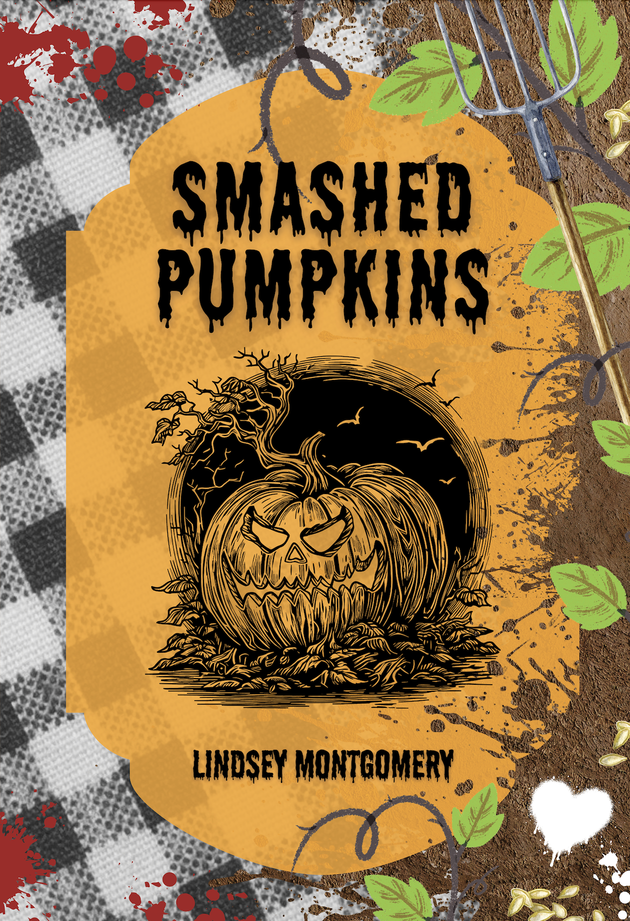 Smashed Pupkins cover featuring a black jack o lantern graphic surrounded by dirt, blood splatter, pupkin vines and seeds, and with a black and white checkered background pattern