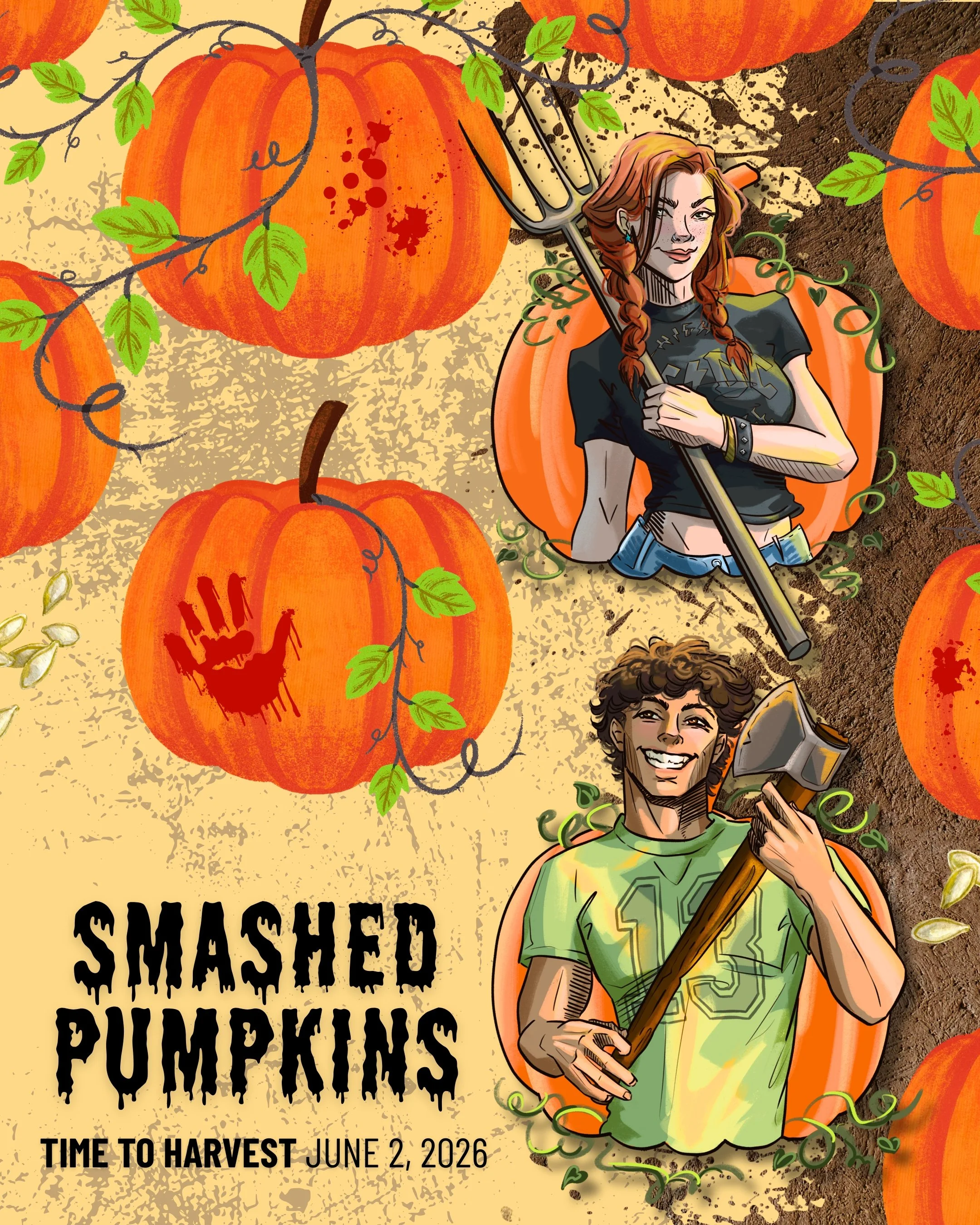 Smashed Pumpkins poster with artwork of Val and Shaun with the line Time to Harvest, June 2, 2026