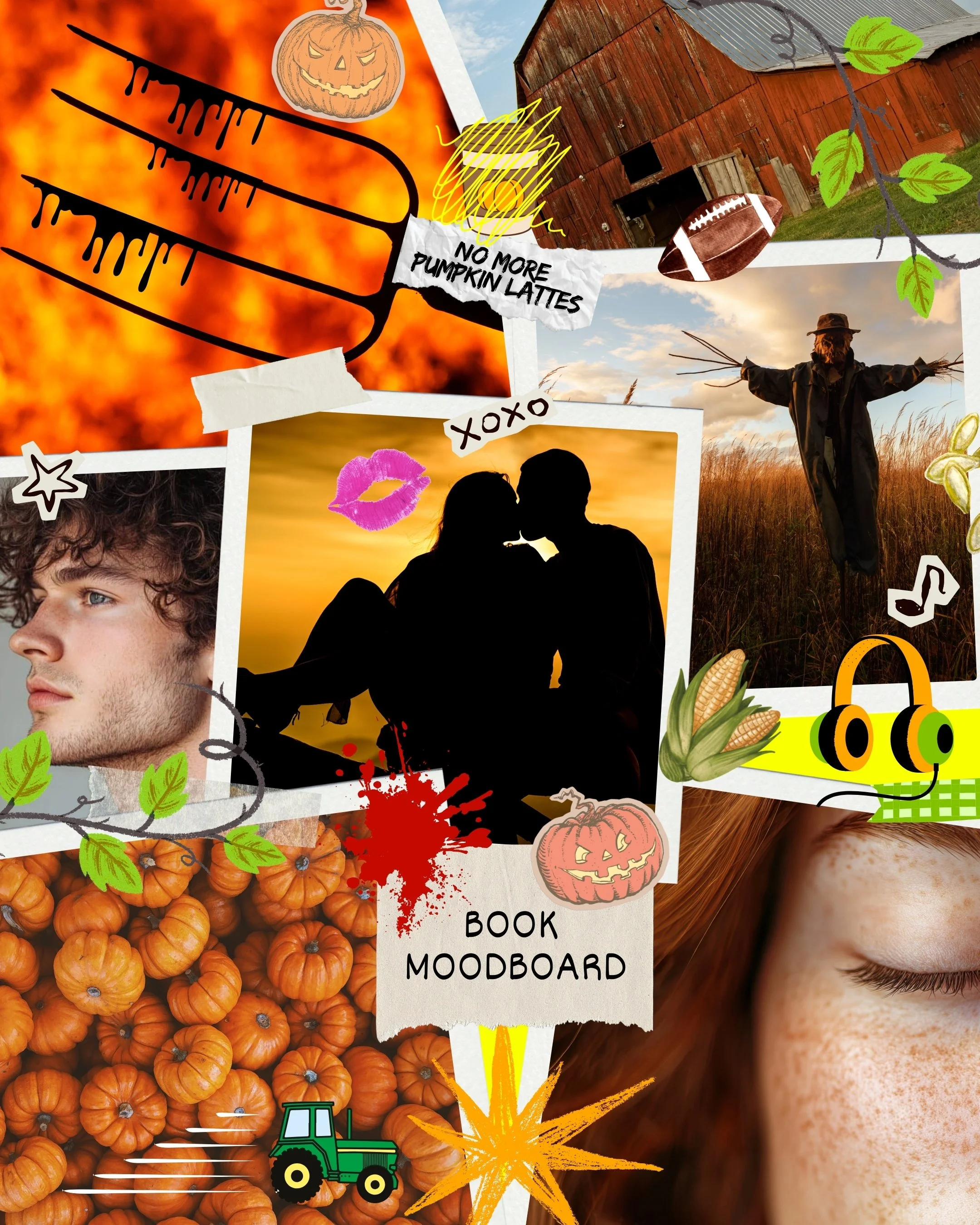 Book moodboard that shows various images of pumpkins, red headed woman, brown haired male, and bloody pitchfork.