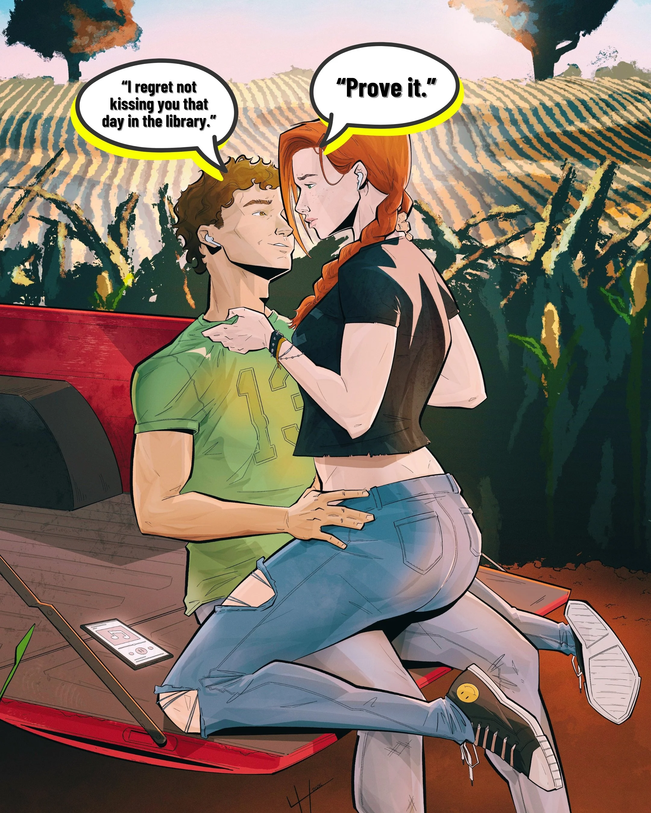 Val is straddling Shaun on the truck bed. Speach bubbles come out of their mouths. Shaun says, "I regret not kissing you that day in the library." Val replies, "Prove it."