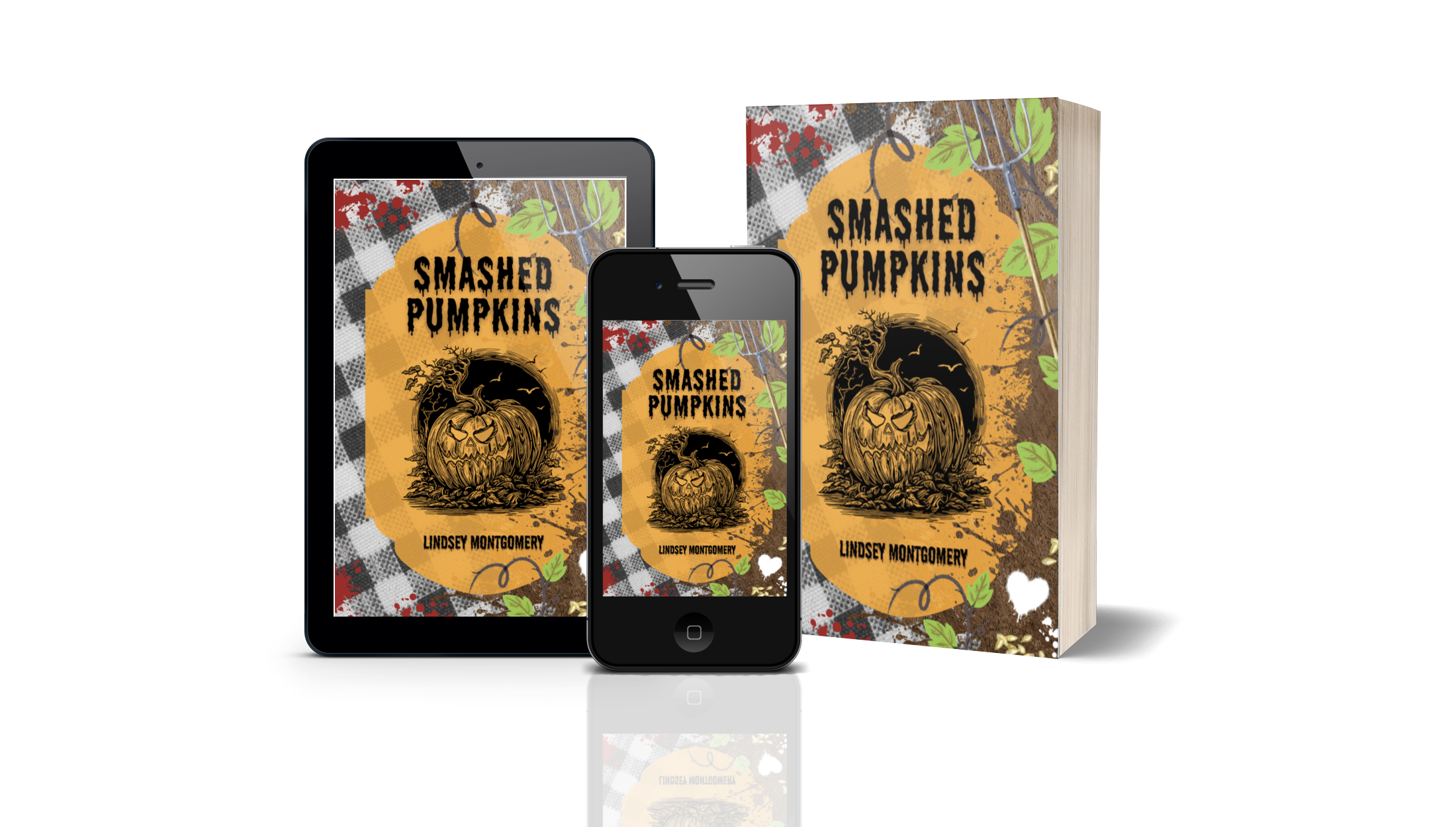 Smashed Pumpkins book cover with blood splatter, pumpkins seeds, dirt, pumpkin leaves, pitchfork and evil jack-o-lantern