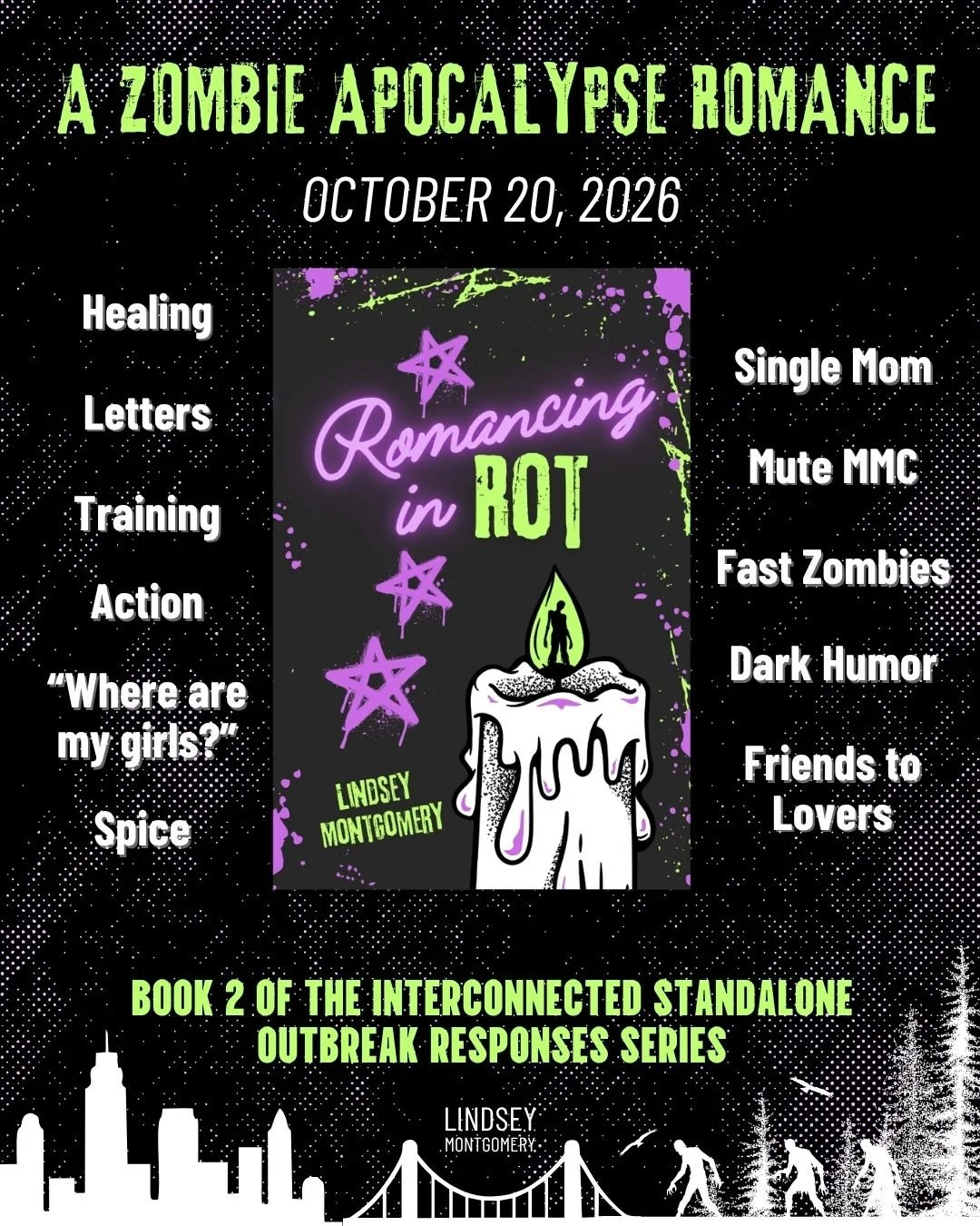 Romancing in Rot cover with list of tropes: healing, love letters, training, action, "Where are my girls?", spice, single mom, mute MMC, fast zombies, dark humor, friends to lovers. Coming this fall. 