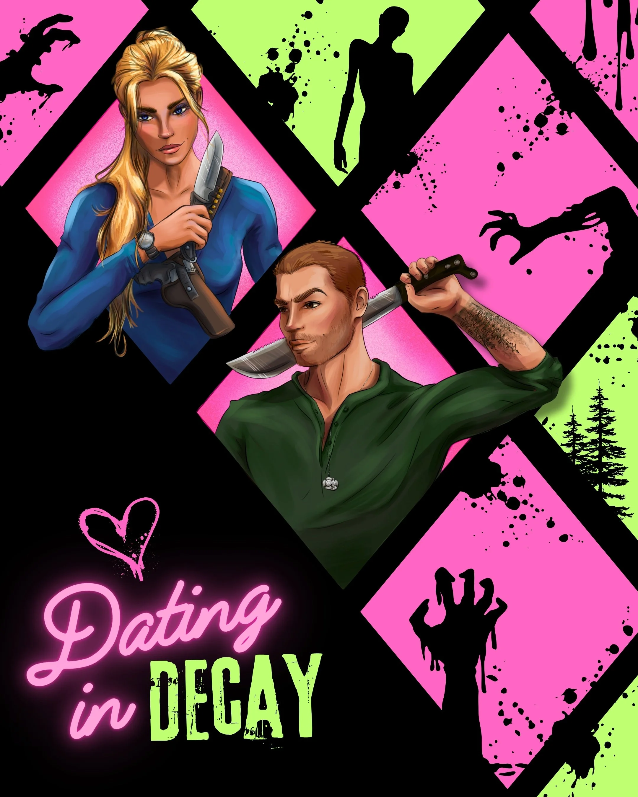 Portraits of Lyla and Jacob surround by various images of zombie hands, blood splatter, and the title Dating in Decay