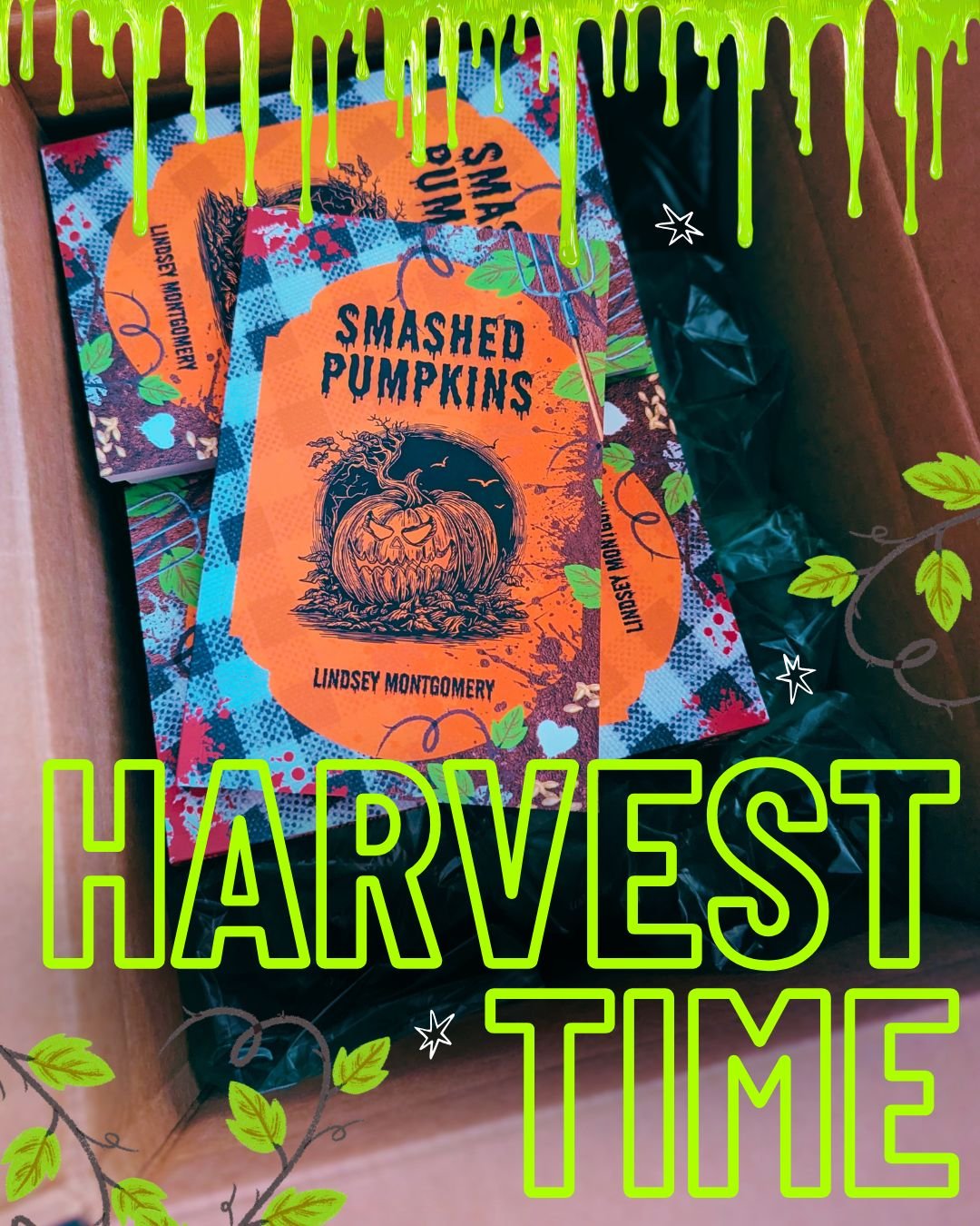 Picture of Smashed Pumpkins papberbacks with the caption Harvet Time. 