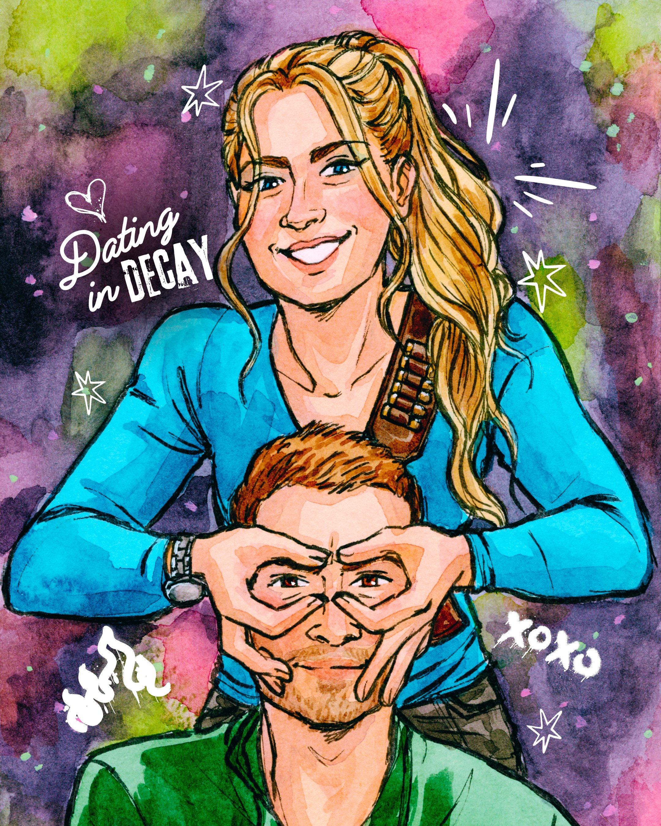 Watercolor picture of Lyla and Jacob. Lyla is forming a mask with her fingers over Jacobs eyes. 