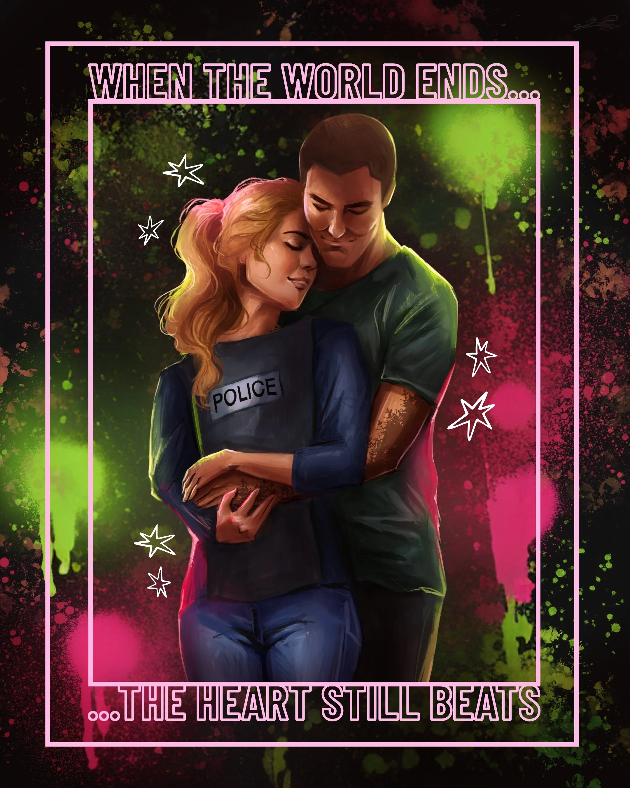 Artwork of Jacob holding Lyla. They are surrounded by bright green and pink spray paint blobs and streaks