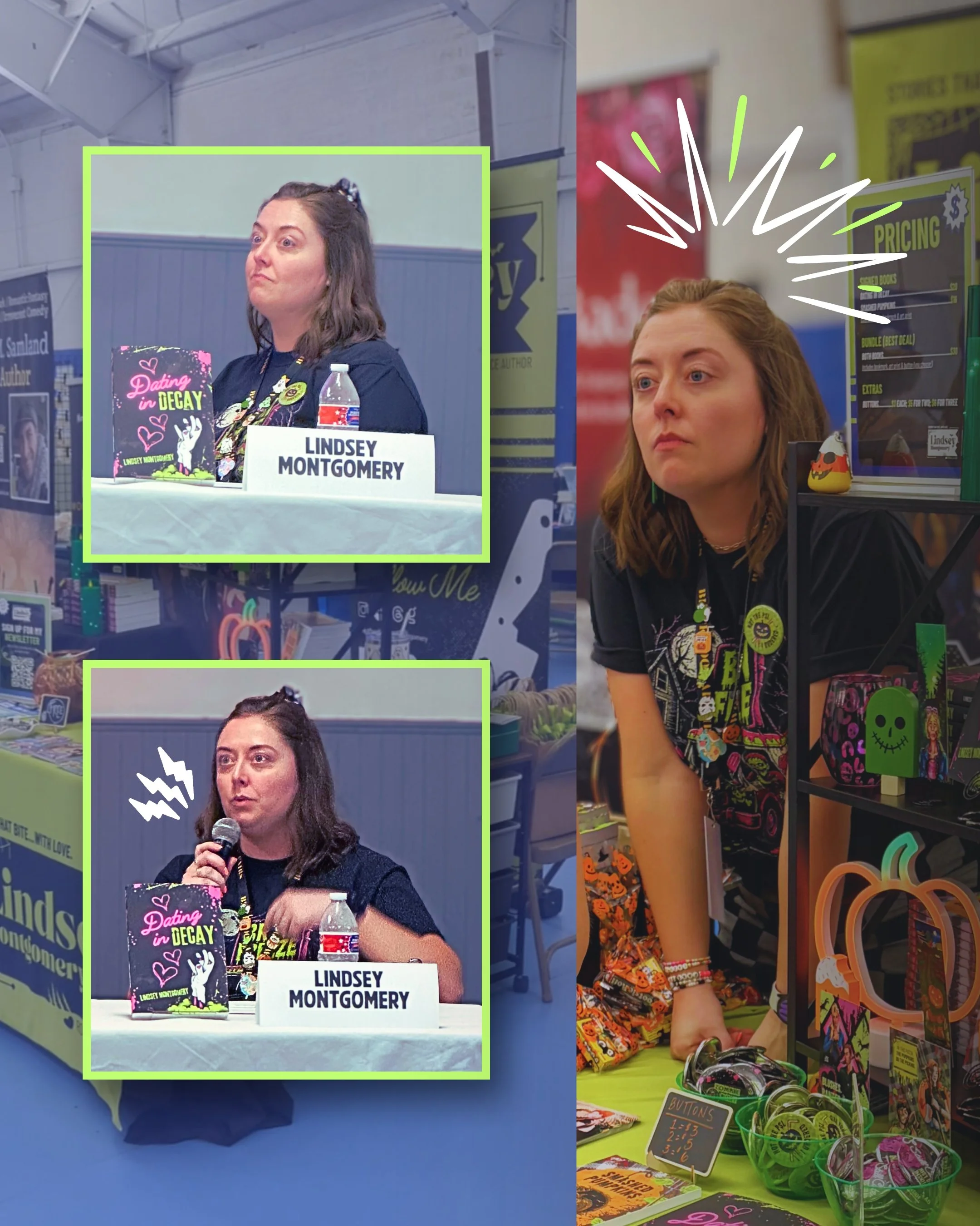 Pictures of Lindsey Montgomery on a panel at Pages of Glass doing