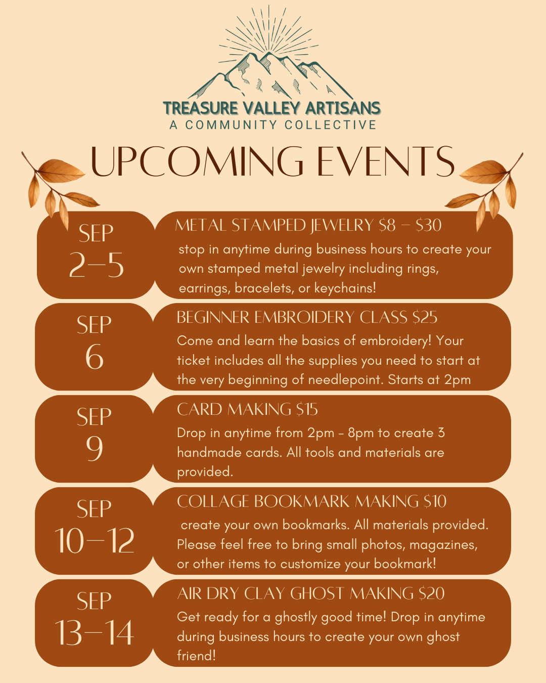 September Workshops & Events at Treasure Valley Artisans