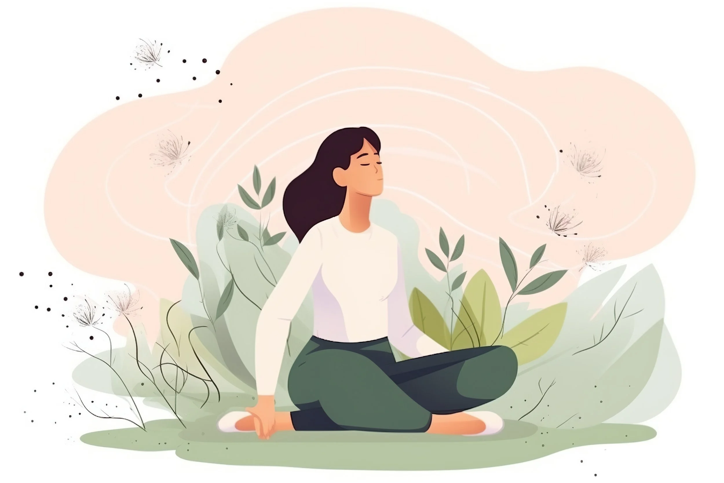 Illustration of a woman practicing yoga outdoors, sitting cross-legged with eyes closed amidst greenery and dandelions.