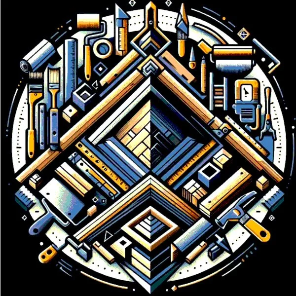 Abstract illustration of woodworking tools arranged to form a geometric pattern, including hammers, saws, screwdrivers, and rulers, with a circular design.