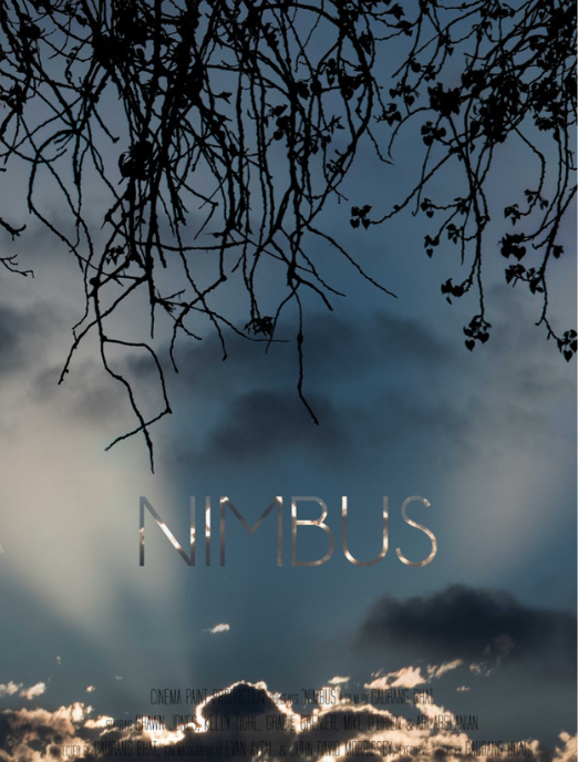 Cloudy sky with dark clouds and bare tree branches at the top. Movie poster for NIMBUS