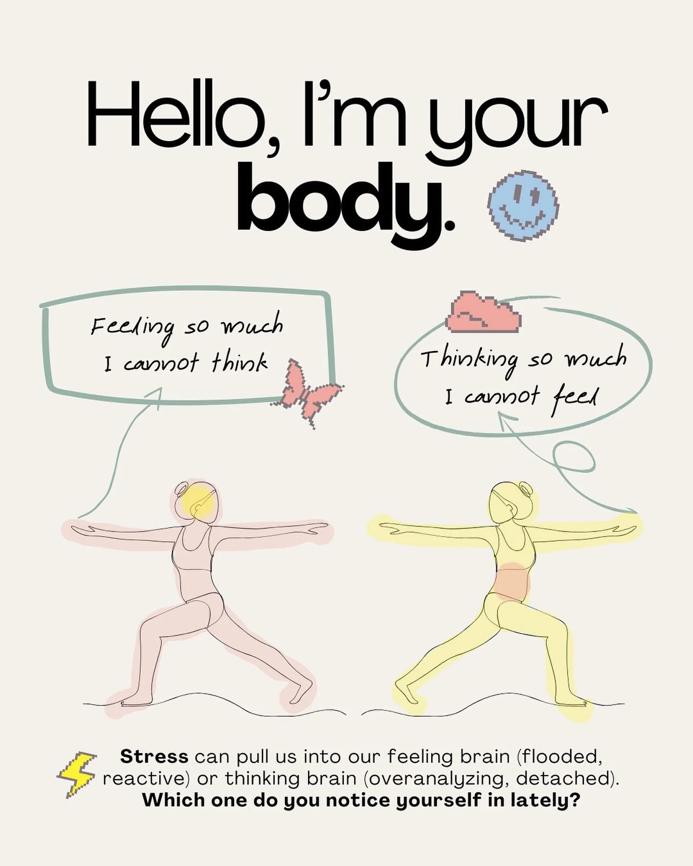 When stress hits, our bodies often lead the way- either by feeling so much we can&rsquo;t think or thinking so much we can&rsquo;t feel.

Both are protective responses. One says, &ldquo;I&rsquo;m overwhelmed and need to release.&rdquo; The other says