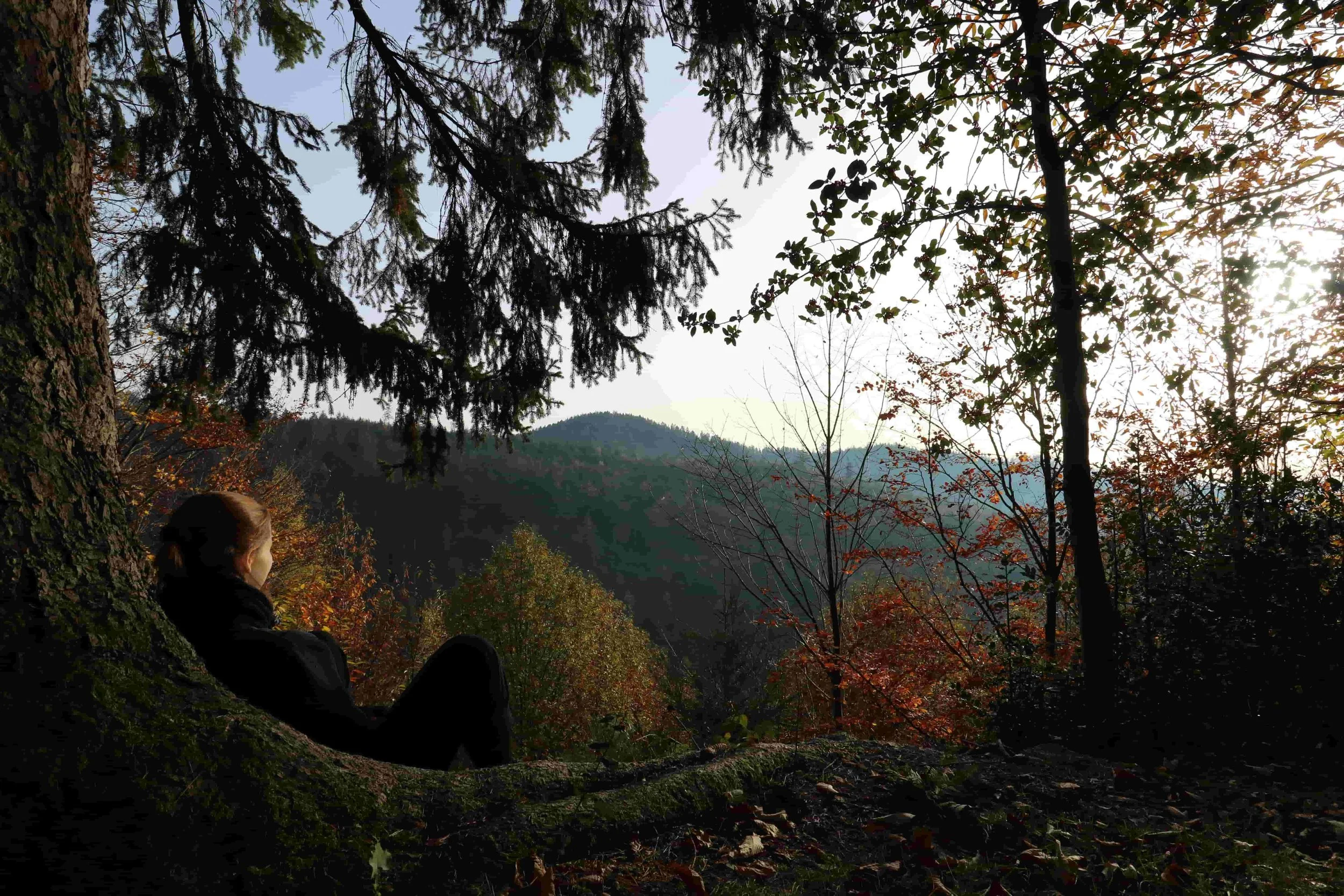 woman sitting in mountain setting in a hammock