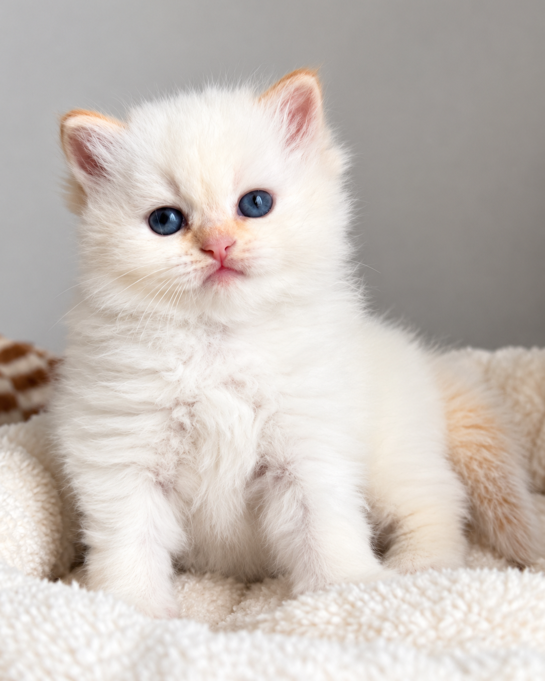 A cute white kitten with blue eyes sitting on a soft, cream-colored blanket against a gray background.