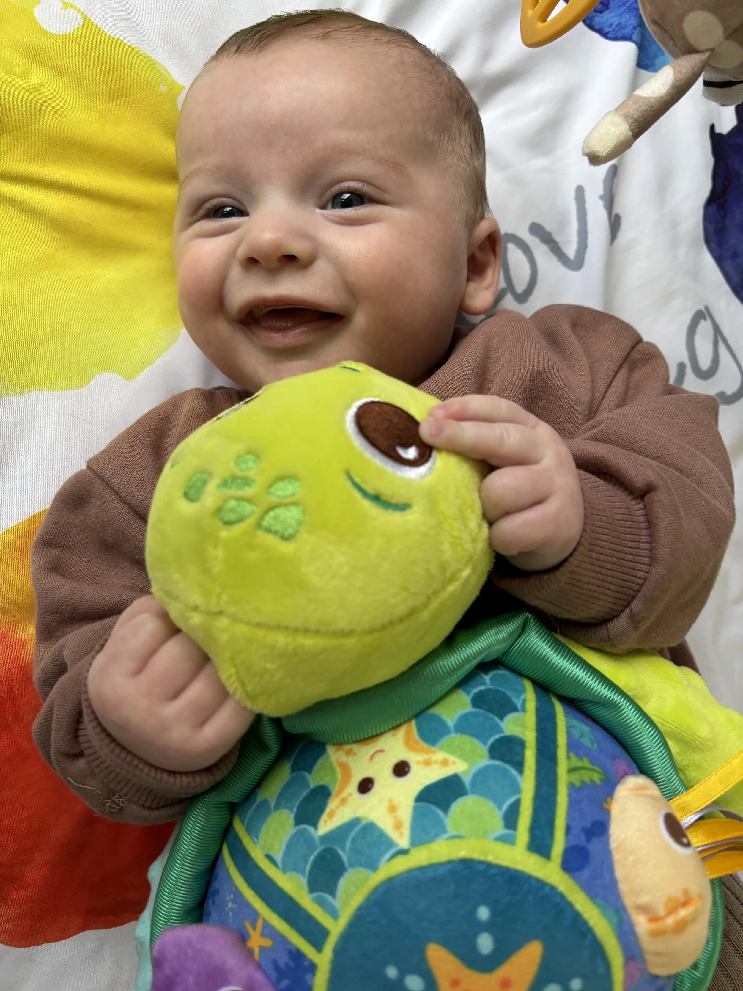 Smiling baby holding a green plush toy turtle with a colorful shell.