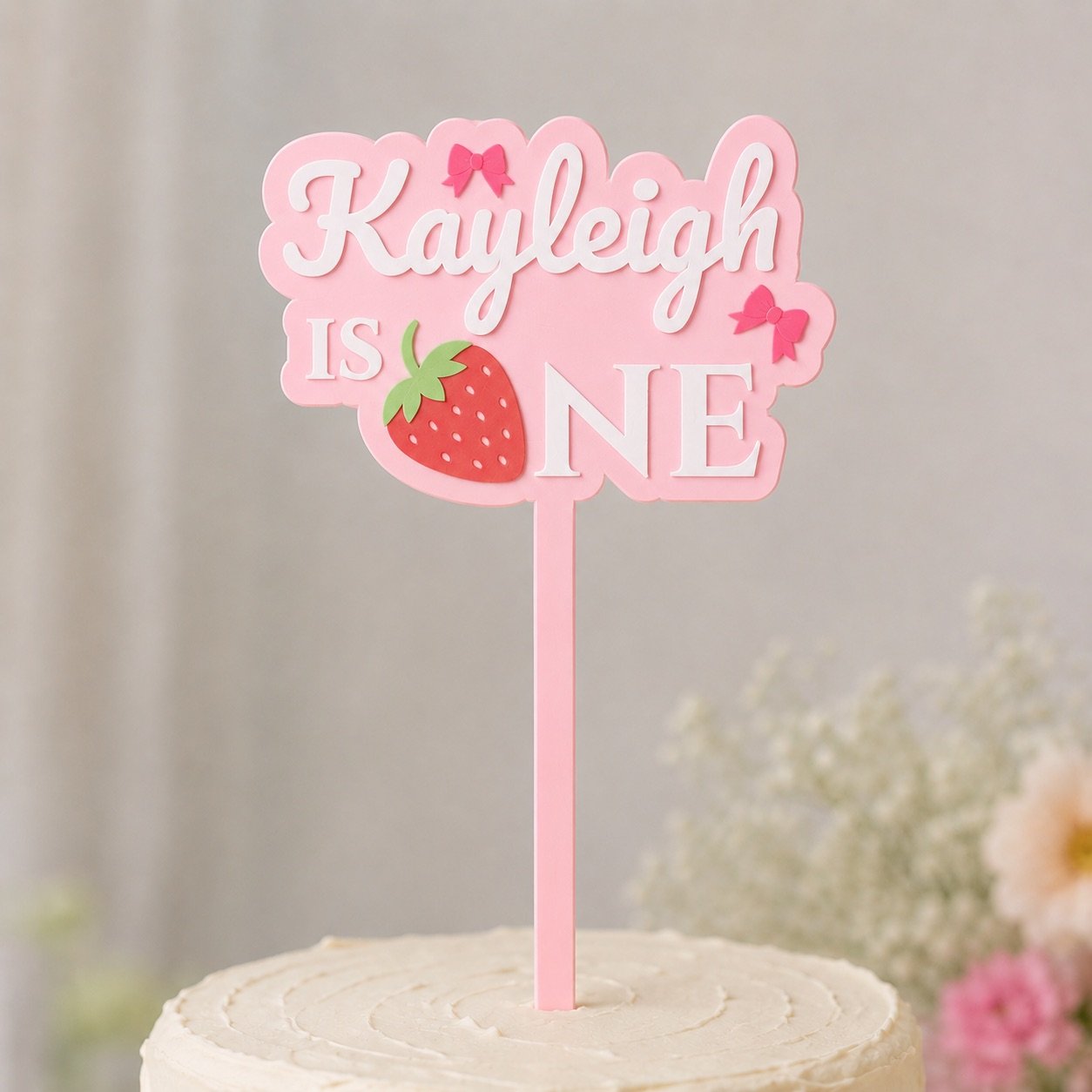 Personalized Strawberry-Themed First Birthday Cake Topper