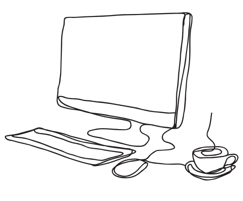 Line drawing of a computer monitor, keyboard, mouse, and a mug.