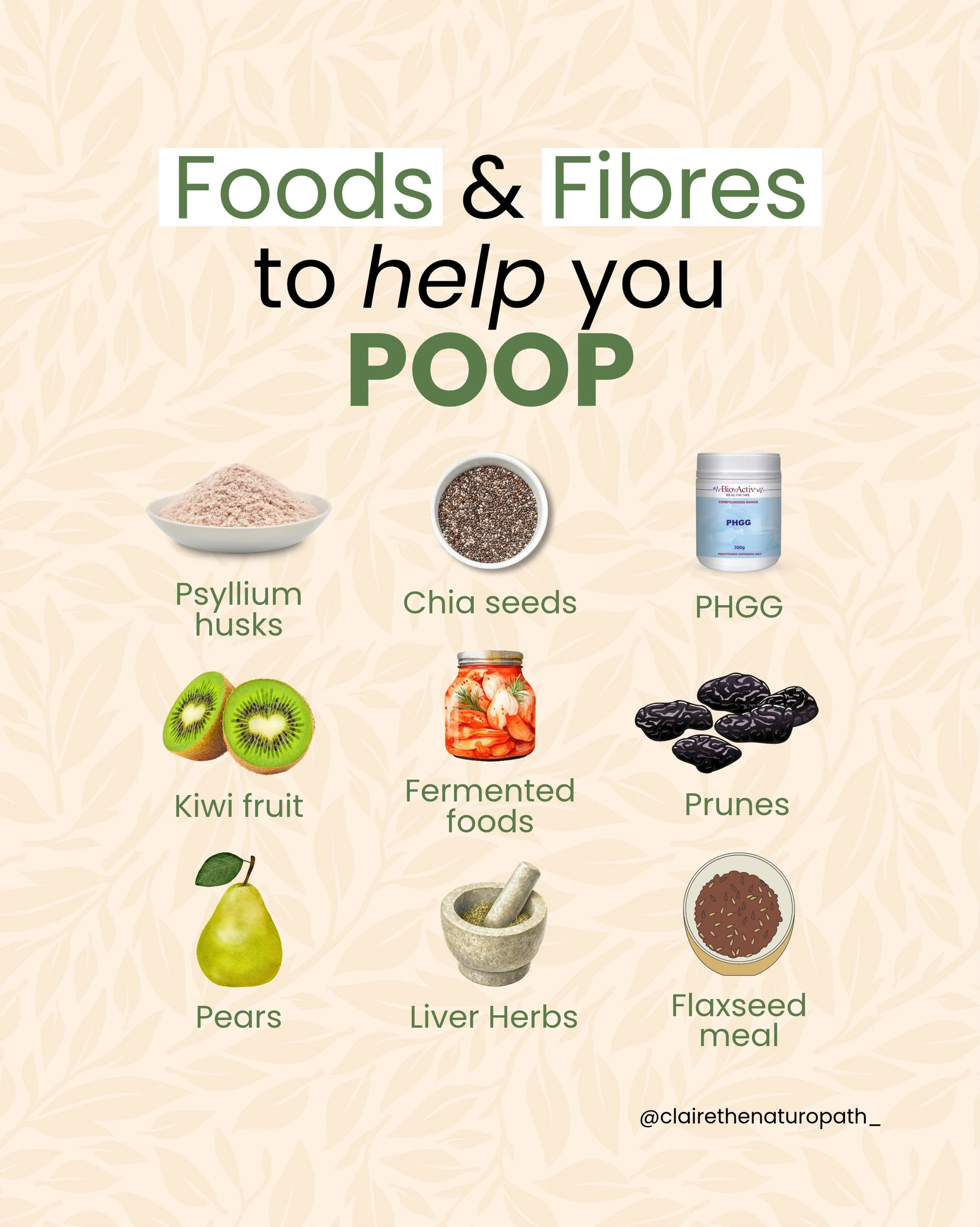Support healthy bowel movements NATURALLY ✨

Here are some of my favourite foods and fibres to help you poop:

🌿 Kiwi fruit: Try 1&ndash;2 kiwifruit with breakfast. 

🌿 Prunes: Enjoy a few as a snack or add them to porridge and chia puddings. 

🌿 