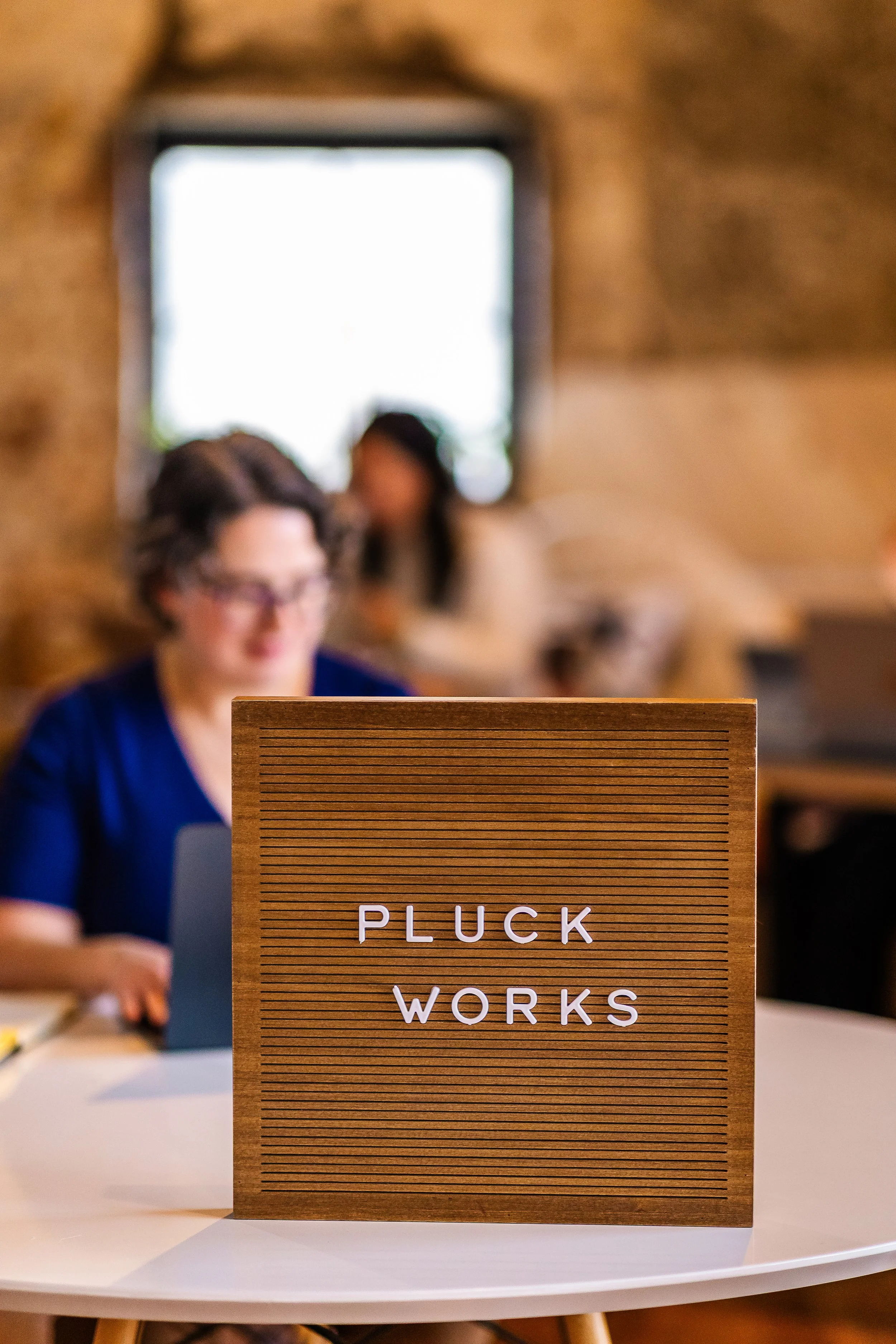 Sign on table reading 'PLUCK WORKS' with people working on laptops in the background of a cozy indoor setting.