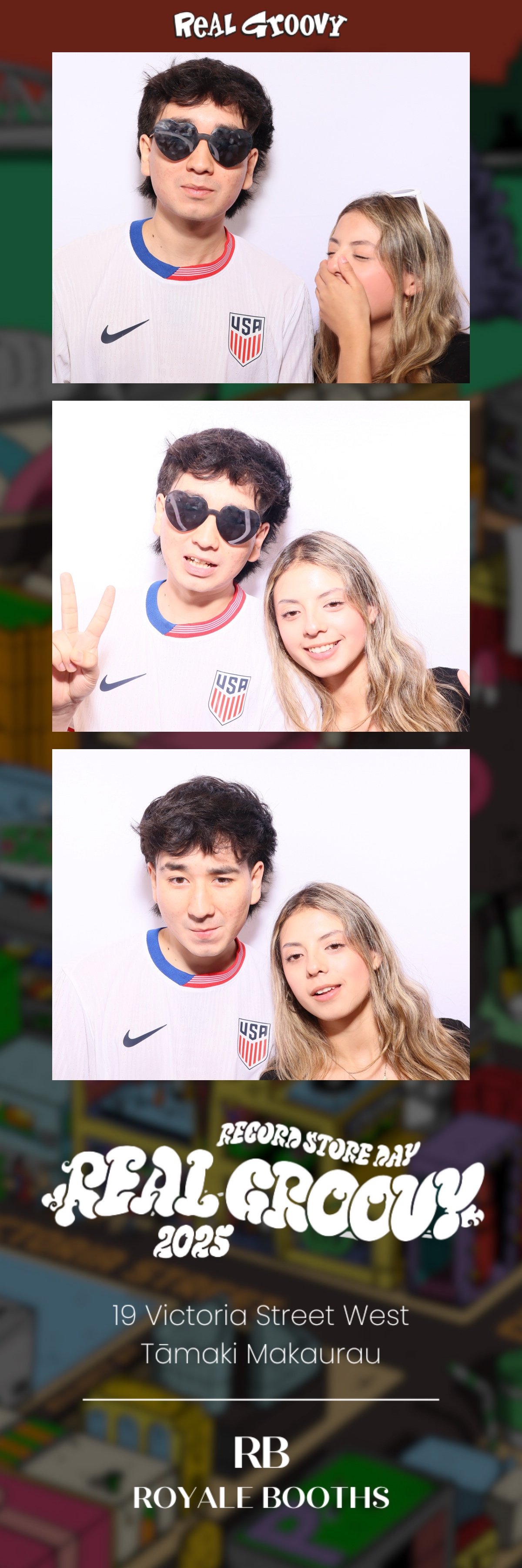 Three photo booth strips showing young man and girl at a Real Groovy Record Store Day event in 2025. This is taken on a photobooth hire by Royale Booths photobooth hire in Auckland.