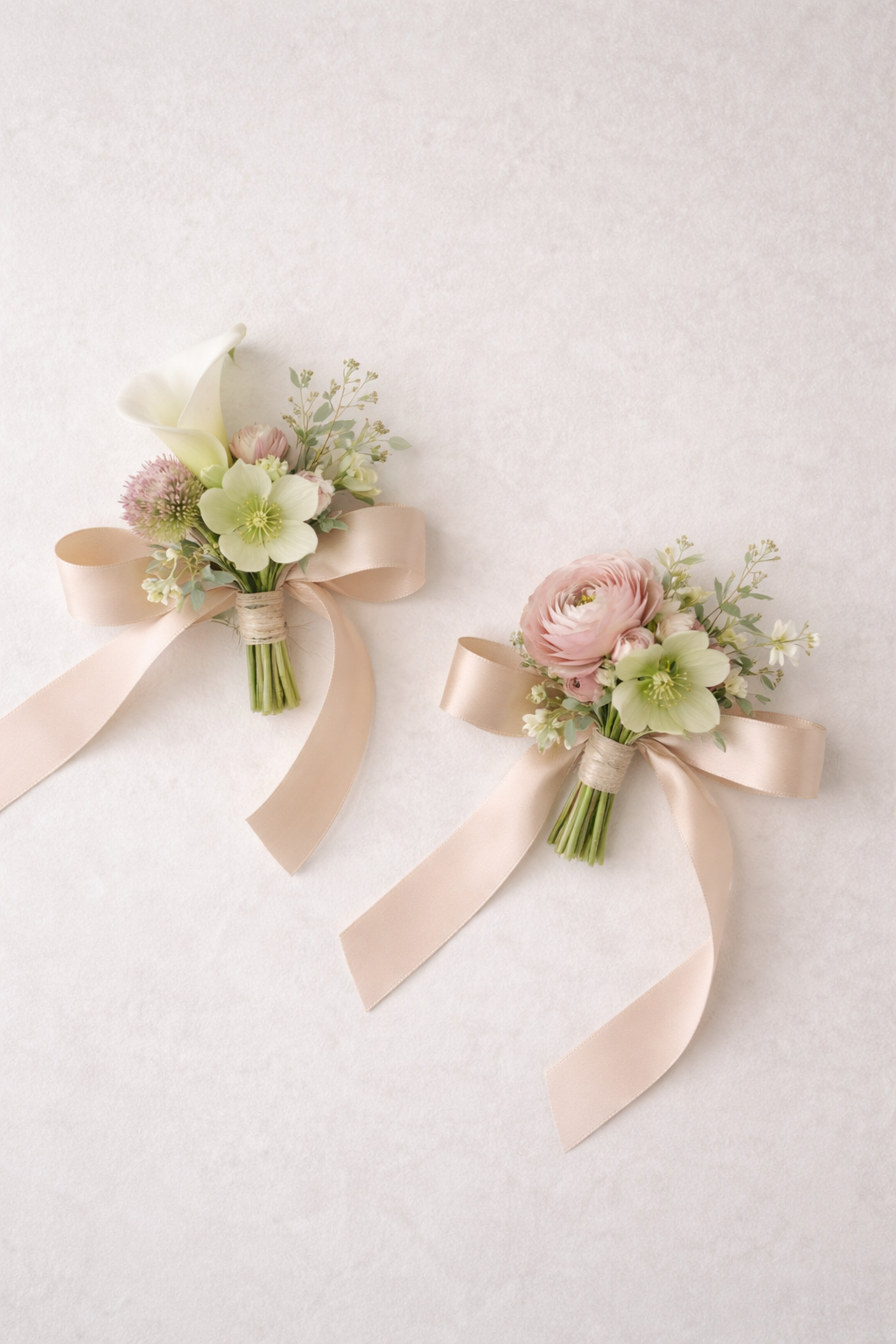 Two small bridal bouquets with pink and white flowers, tied with pink satin ribbons, on a white textured surface.