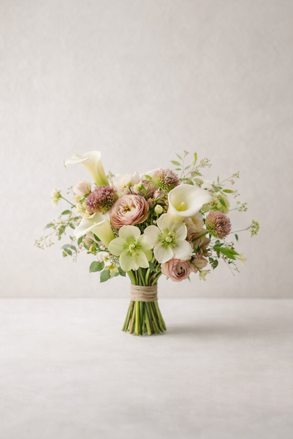 A bouquet of white, pale pink, and green flowers with greenery in a vase, on a white surface against a neutral background.