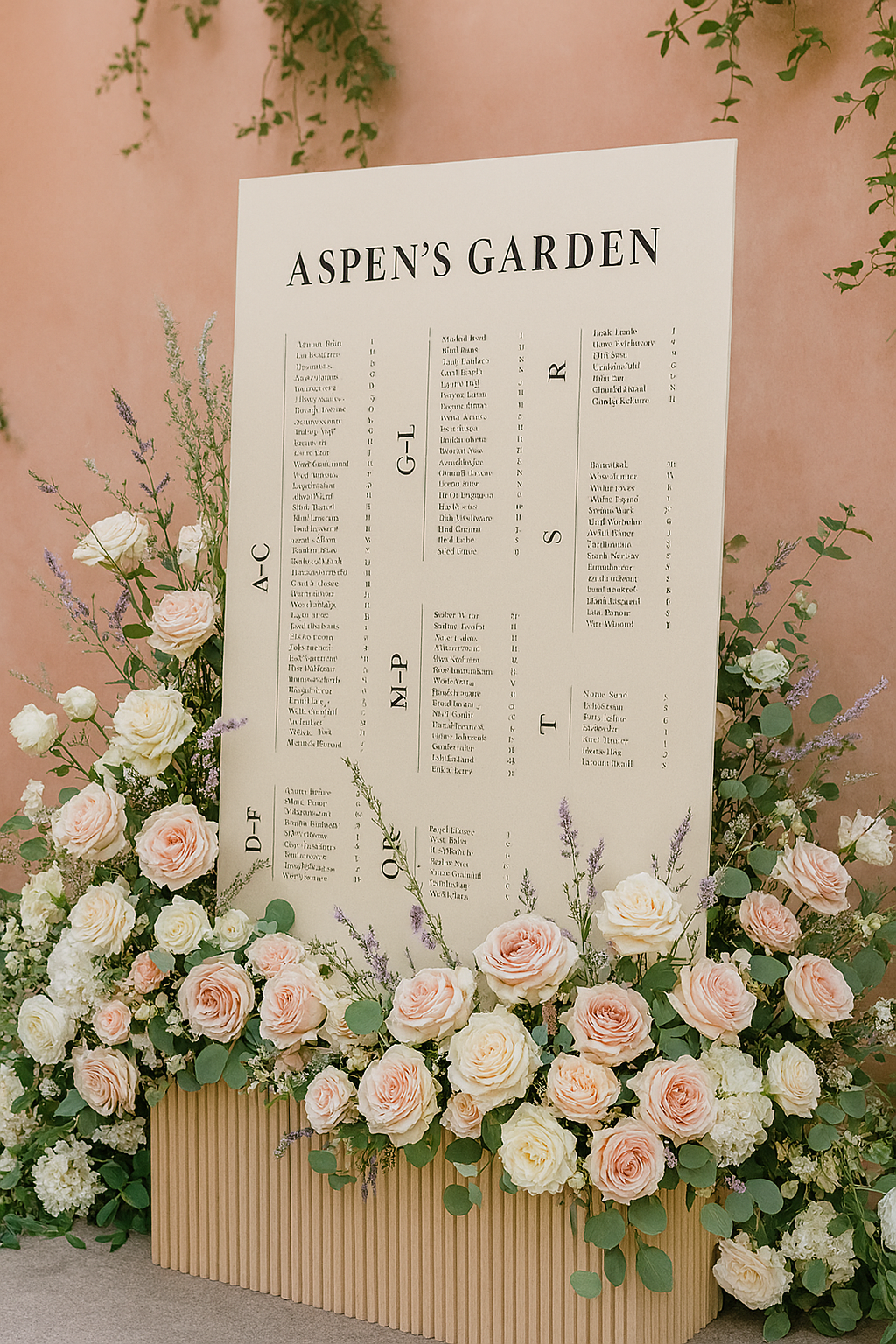 Elegant ripple-base wedding seating chart with blush-toned florals and romantic black text layout.