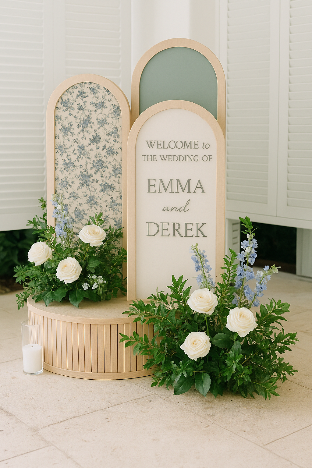 Wedding welcome sign with three arched panels in floral, sage, and cream tones, displayed on a wood pedestal.