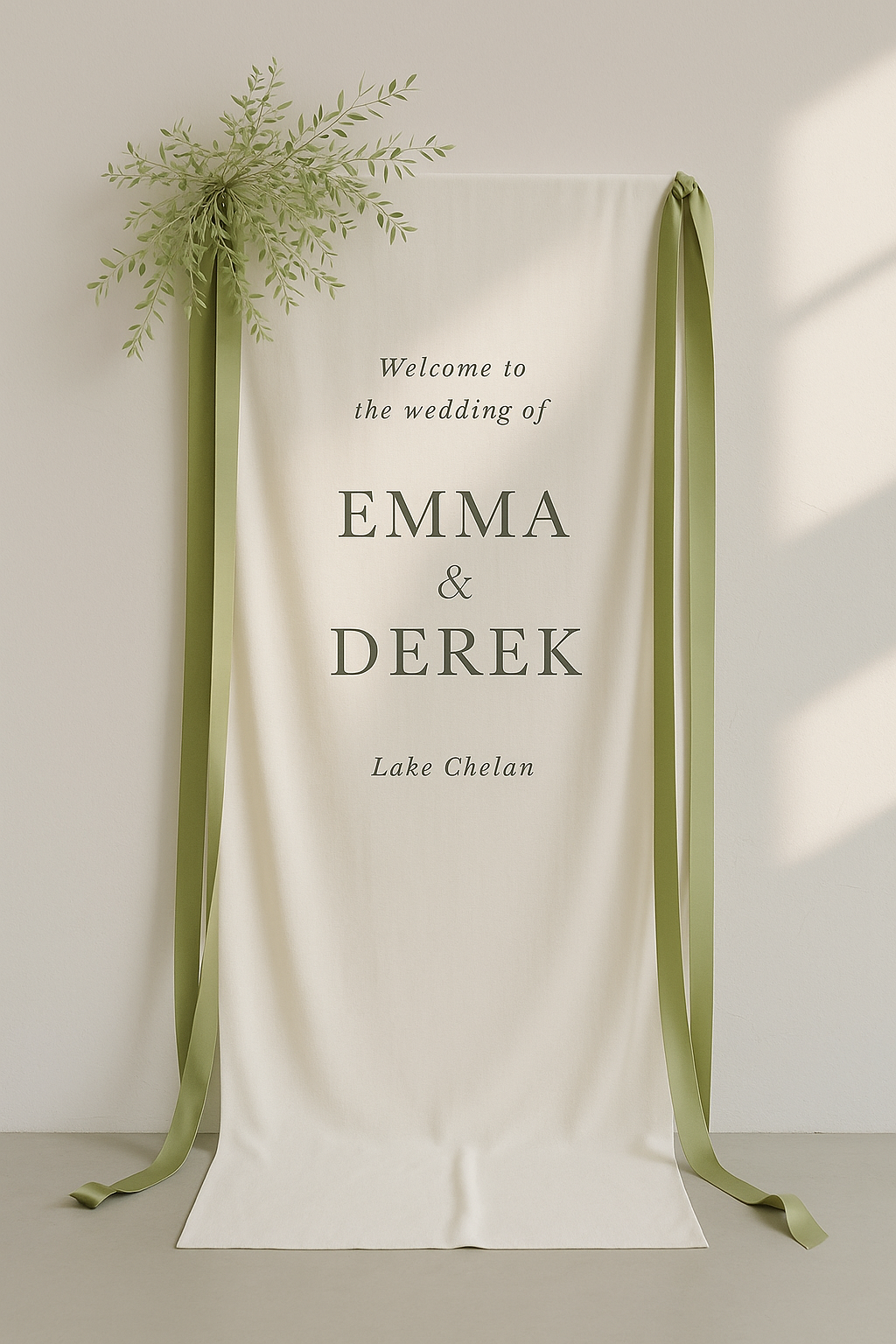 Simple and romantic linen welcome sign with soft green draping ribbons, ideal for minimal modern weddings.