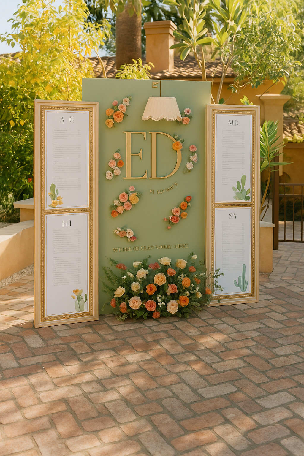 Colorful framed seating chart with green center wall, floral accents, and whimsical lamp shade feature.