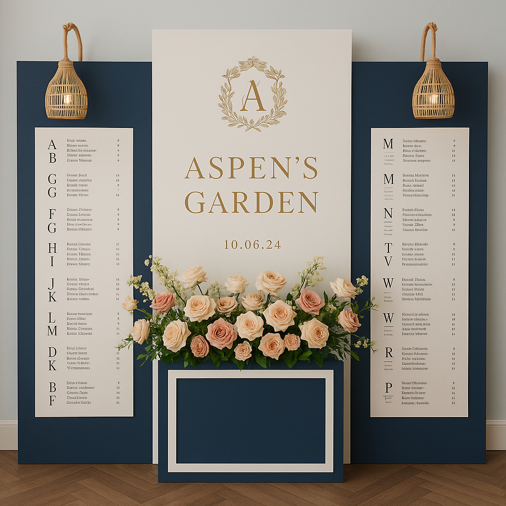 Navy and ivory triple-panel seating chart with custom crest, soft floral base, and gold lighting details.