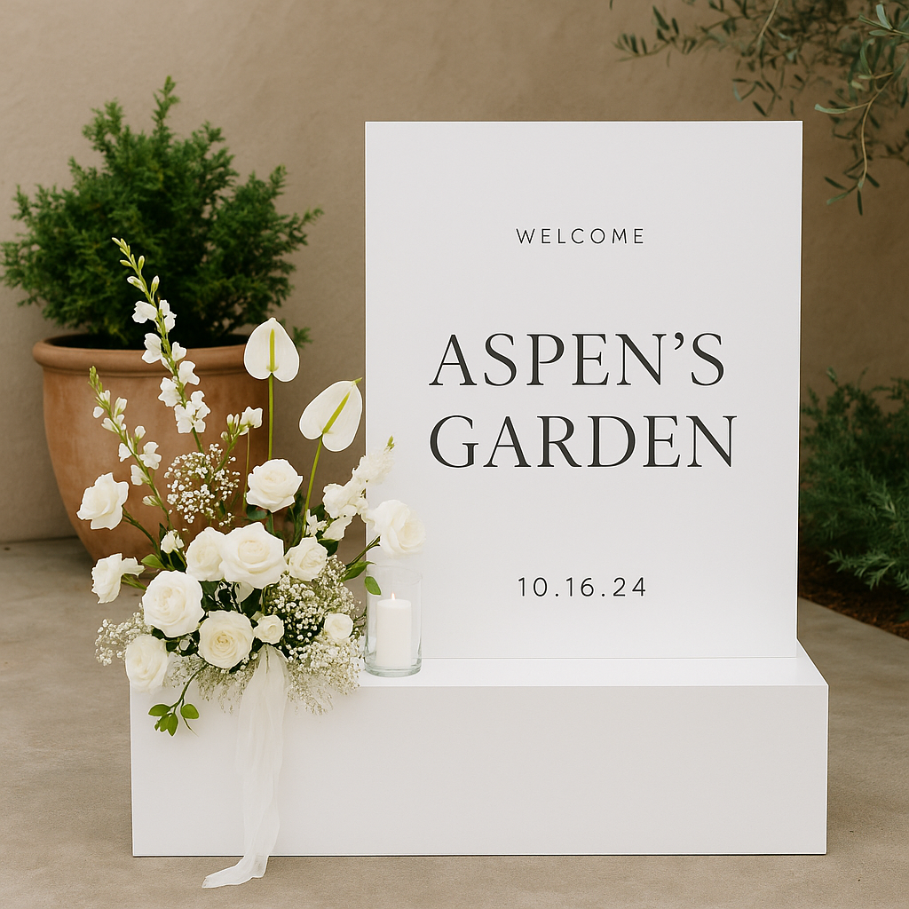 Minimalist dual wedding signage with clean white panels, bold text, and a ripple base by Aspen’s Garden.