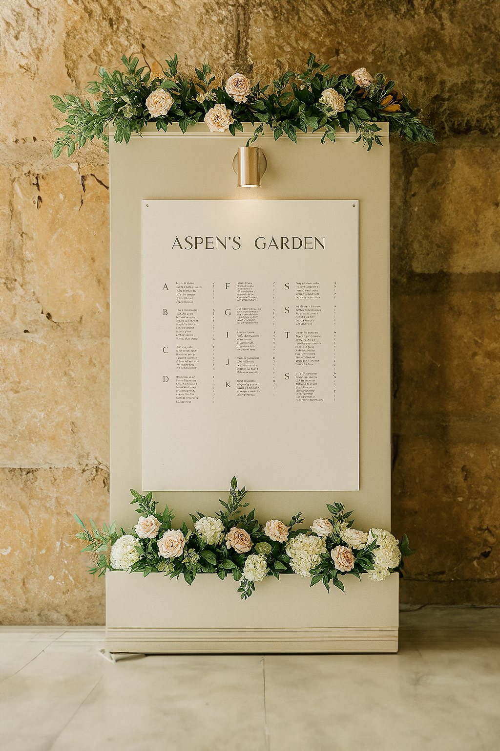 Neutral seating chart sign with built-in ledge platform, soft lighting, and clean modern design by Aspen’s Garden.