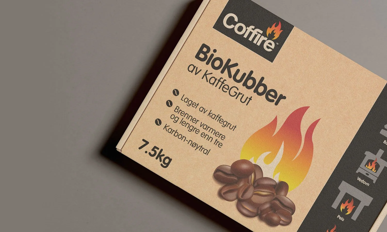 A closeup from above of the final printed Coffire Packaging – bleeding off to the right with a closeup of the burning Coffee Bean logos and a section of the 'Compatible WIth' Black strip section
