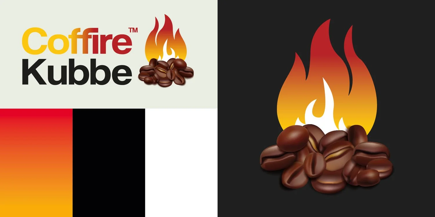 Elements of the Coffire Kubbe branding including the full colour logo, the burning Coffee Beans element of the logo shown larder and the key brand colour palette
