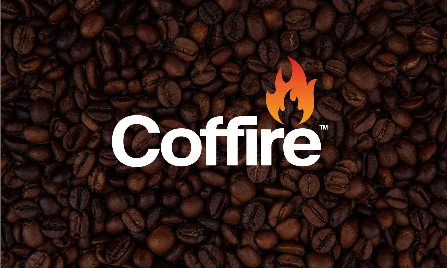 The final Coffire logo shown white out with the flame element of the logo in a gradient orange to red with a dark background of coffee beans
