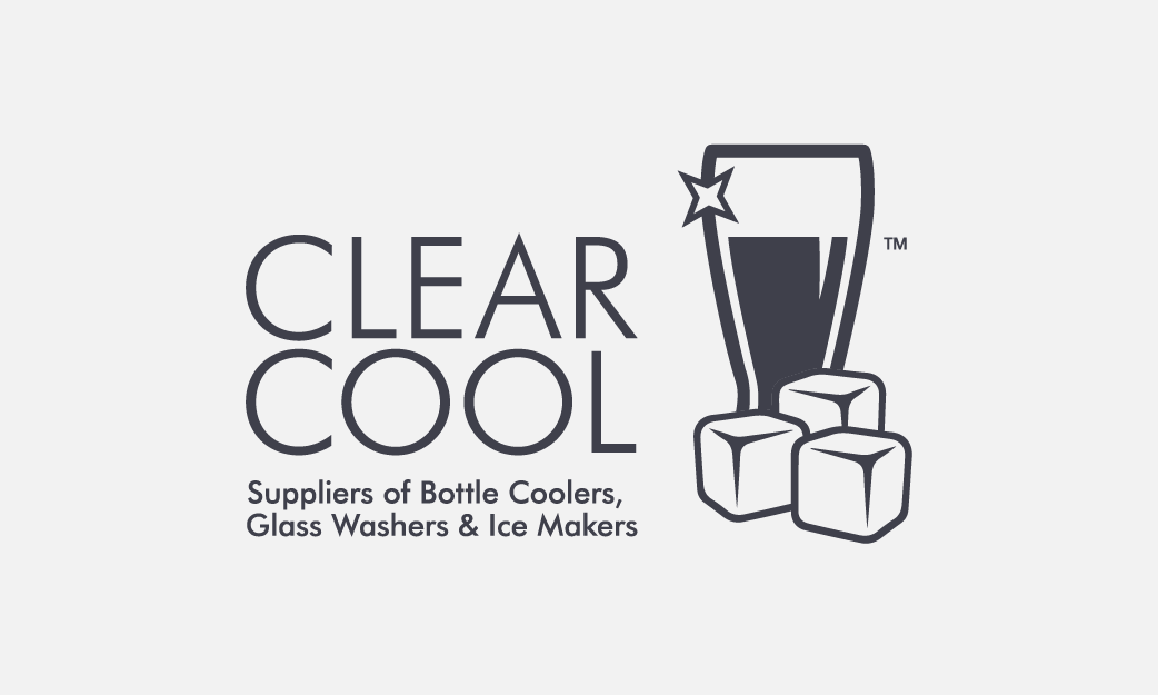 The Logo for Clear Cool, a supplier of bottle coolers, glass washers, and ice makers, featuring a sparkling clean glass, filled with a beverage and ice cubes in front of it.